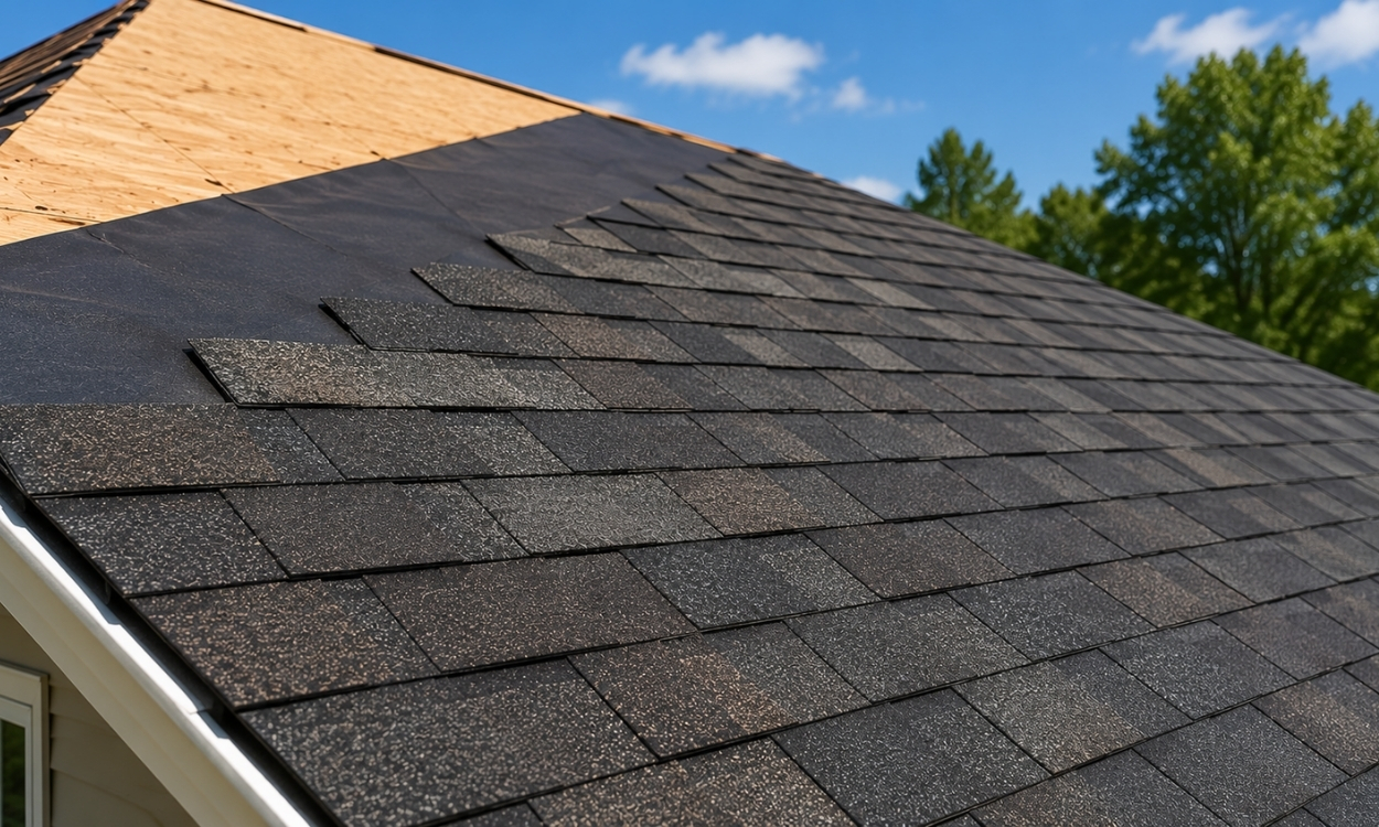Asphalt shingle roof installation on a residential home
