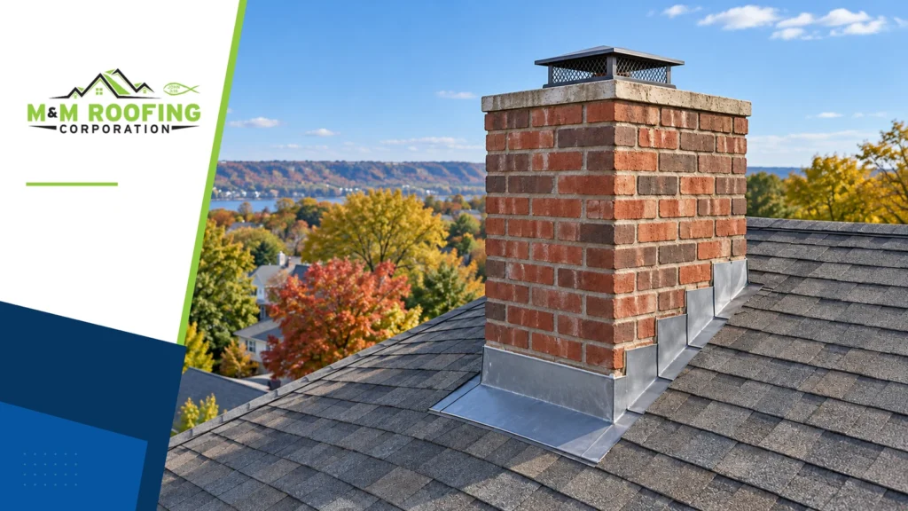 Brick chimney and metal flashing where the chimney meets a residential shingle roof.